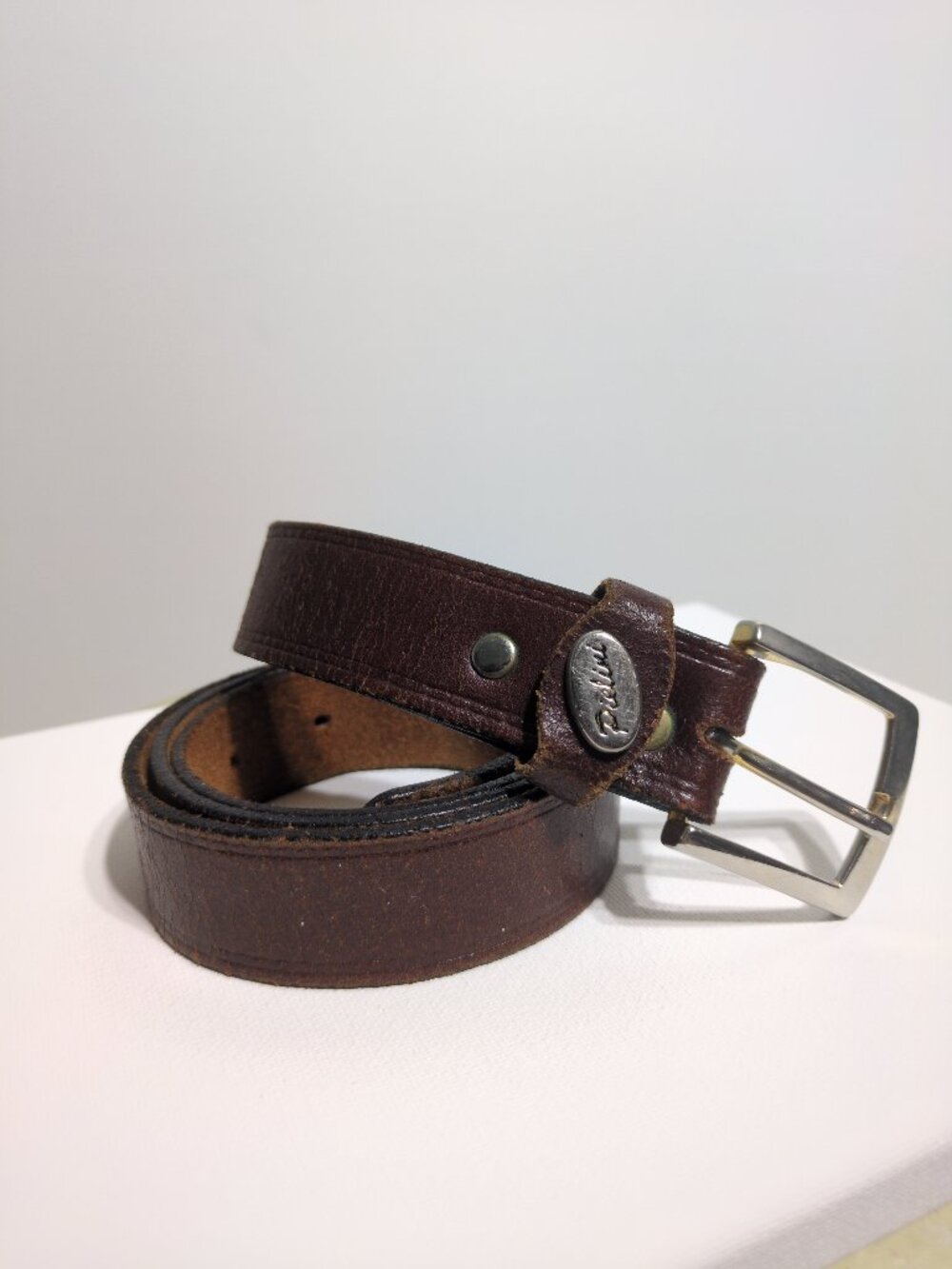 Pielini Brown Leather Belt Size 36 Silver Tone Buckle Distressed 1 Inch Wide